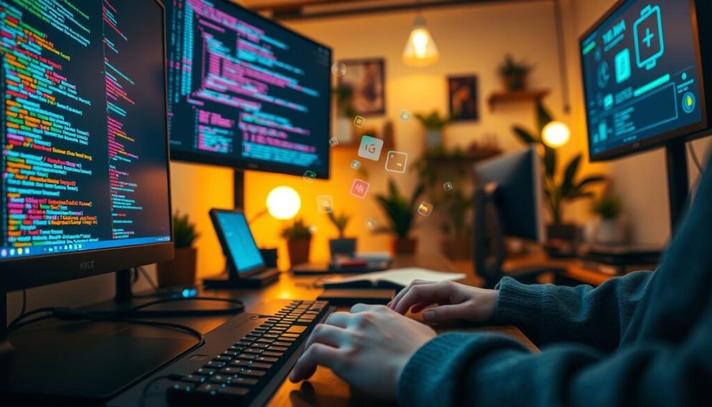 A focused programmer debugging code in a modern workspace, surrounded by multiple screens displaying lines of colorful code and debugging tools. In the foreground, a close-up of the programmer's hands on the keyboard, with a digital environment projected on one screen showing error messages and solutions. The middle ground features various software icons and debugging symbols floating subtly. The background highlights a cozy office with warm lighting, plants, and contemporary decor, evoking a sense of productivity and creativity. A sense of concentration and determination fills the air, with the soft glow of monitors illuminating the scene. Capture this moment from a slight high angle, showcasing the interaction between the programmer and their complex digital workspace.