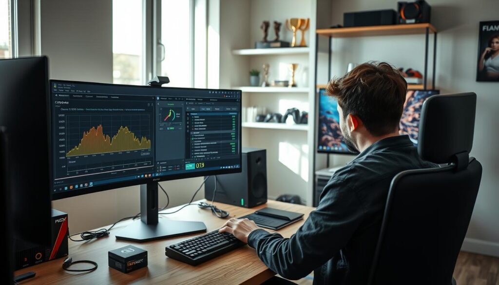 A focused scene of a well-lit, modern home office showcasing a person troubleshooting gaming performance issues on a dual-monitor setup. In the foreground, an individual in casual yet professional attire is intently analyzing performance graphs and driver settings on one screen, while the other displays a vibrant gameplay still. Tools and gadgets, such as a GPU box and cables, are neatly arranged nearby. The middle background features shelves with gaming trophies and accessories, hinting at a gaming enthusiast's environment. Soft, natural lighting filters through a window, creating a calm and inviting atmosphere. The image is captured from a slightly elevated angle, emphasizing the setup while maintaining a clear view of the troubleshooting process, conveying focus and determination. A focused scene of a well-lit, modern home office showcasing a person troubleshooting gaming performance issues on a dual-monitor setup. In the foreground, an individual in casual yet professional attire is intently analyzing performance graphs and driver settings on one screen, while the other displays a vibrant gameplay still. Tools and gadgets, such as a GPU box and cables, are neatly arranged nearby. The middle background features shelves with gaming trophies and accessories, hinting at a gaming enthusiast's environment. Soft, natural lighting filters through a window, creating a calm and inviting atmosphere. The image is captured from a slightly elevated angle, emphasizing the setup while maintaining a clear view of the troubleshooting process, conveying focus and determination.
