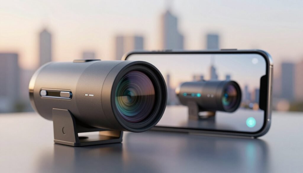 A futuristic AI-powered periscope camera design, showcasing a compact, sleek device with advanced optics and innovative features. In the foreground, the camera lens glimmers under soft daylight, reflecting its high-tech components and digital interface. The middle ground presents a blurred image of a smartphone displaying the camera's functionality, with emphasis on seamless zooming capabilities. In the background, an abstract representation of a city skyline symbolizes cutting-edge technology and innovation, bathed in a warm, inviting light. Overall, the atmosphere is one of optimism and forward-thinking, evoking excitement about the future of mobile photography and optical zoom technology. A futuristic AI-powered periscope camera design, showcasing a compact, sleek device with advanced optics and innovative features. In the foreground, the camera lens glimmers under soft daylight, reflecting its high-tech components and digital interface. The middle ground presents a blurred image of a smartphone displaying the camera's functionality, with emphasis on seamless zooming capabilities. In the background, an abstract representation of a city skyline symbolizes cutting-edge technology and innovation, bathed in a warm, inviting light. Overall, the atmosphere is one of optimism and forward-thinking, evoking excitement about the future of mobile photography and optical zoom technology.