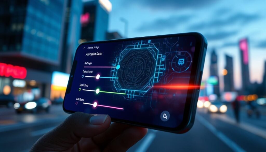 A futuristic Android interface, showcasing a vivid animation scale setting screen on a modern smartphone in the foreground, where settings sliders and visual effects glow with bright colors. The middle layer features a sleek GPU rendering graphic, illustrating complex digital patterns that emphasize speed and responsiveness, suggesting high-performance capabilities. In the background, a blurred cityscape at dusk, with neon lights and high-tech elements that symbolize innovation and advancement. The lighting is dynamic, casting dramatic highlights on the phone, while a smooth bokeh effect enhances the depth of field. The overall atmosphere is energetic and cutting-edge, aimed at illustrating the theme of enhanced system performance for users. A futuristic Android interface, showcasing a vivid animation scale setting screen on a modern smartphone in the foreground, where settings sliders and visual effects glow with bright colors. The middle layer features a sleek GPU rendering graphic, illustrating complex digital patterns that emphasize speed and responsiveness, suggesting high-performance capabilities. In the background, a blurred cityscape at dusk, with neon lights and high-tech elements that symbolize innovation and advancement. The lighting is dynamic, casting dramatic highlights on the phone, while a smooth bokeh effect enhances the depth of field. The overall atmosphere is energetic and cutting-edge, aimed at illustrating the theme of enhanced system performance for users.