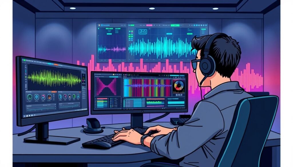 A futuristic audio processing workspace featuring high-tech AI software. In the foreground, a sleek computer setup with multiple monitors displaying complex waveforms and sound editing software. A professional in modest casual attire is seated at the desk, intently focused on the screens, with headphones on. In the middle ground, sound waveforms and digital audio effects panels are visually represented, blending into a vibrant spectrum of colors illustrating sound frequencies. The background has soft ambient lighting, creating a modern atmosphere with a hint of creativity. The scene captures a blend of technology and creativity, showcasing the innovative applications of AI in audio processing and multimedia content creation. The viewpoint is slightly angled to highlight the workspace's depth and dynamism.