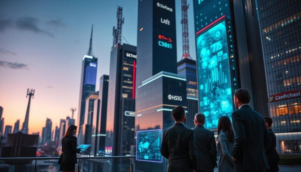 A futuristic cityscape showcasing advanced network technology, with high-tech antennas and holographic displays integrated into urban architecture. In the foreground, a diverse group of professionals in business attire is engaged in a discussion, analyzing holographic data projections on transparent screens. The middle ground features sleek, illuminated buildings with vibrant colors, representing the evolution of communication technology. The background includes a twilight sky transitioning to night, enhancing the glow of the technology while stars twinkle faintly. The overall atmosphere is one of innovation and collaboration, with soft yet vibrant lighting illuminating the scene, captured from a low angle to emphasize the grandeur of the city and its technological advancements. This image embodies the challenges and strategies of implementing network technology for a brighter, connected future.