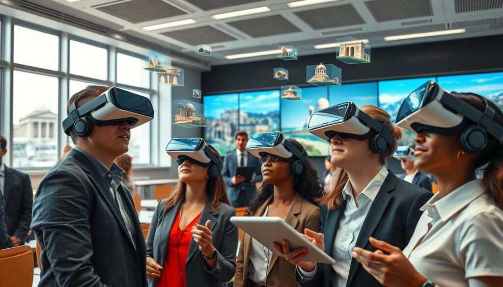 A futuristic classroom immersed in virtual reality technology, showcasing students engaged in a historical lesson about ancient civilizations. In the foreground, diverse students, dressed in professional business attire, wear sleek VR headsets, their expressions a mix of wonder and concentration as they interact with 3D holographic displays of historical events. In the middle ground, a teacher, also in professional attire, guides the experience with a digital tablet, surrounded by vibrant, floating visual elements representing various historical timelines. The background reveals a modern, well-lit classroom with large windows and high-tech screens displaying captivating imagery of historical landmarks. Use bright, uplifting lighting to create an inviting and inspiring atmosphere, capturing the essence of innovative education through immersive technology. The perspective should convey depth and engagement, emphasizing the dynamic interaction between students and history.