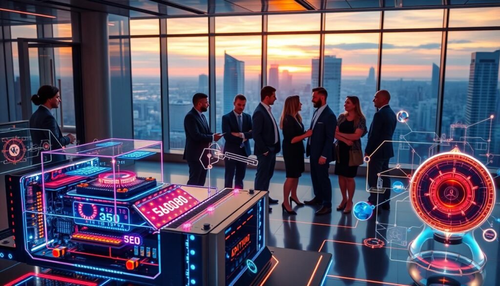 A futuristic cloud-based quantum computing platform showcasing sleek, advanced technology. In the foreground, a state-of-the-art quantum computer with glowing circuits and a transparent housing, surrounded by vibrant holographic displays of quantum algorithms and data visualizations. The middle ground features a diverse group of professionals in business attire, engaged in discussions and interacting with the technology. The background has a modern, high-tech office environment with large windows revealing a city skyline at sunset, casting warm and ambient light throughout the scene. The atmosphere is dynamic and innovative, illustrating the cutting-edge advancements and collaborative spirit of quantum computing.