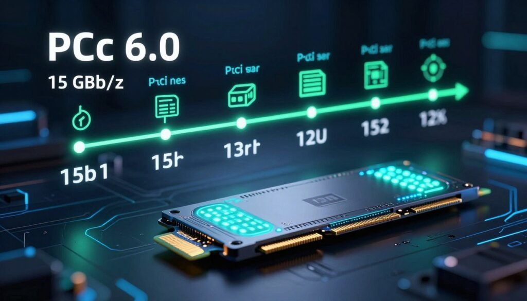 A futuristic data storage roadmap visually representing PCIe 6.0 technology advancements. In the foreground, a sleek, high-tech SSD with glowing indicators showcasing its impressive speed of 15 Gb/s. In the middle, a digitally rendered timeline with clear milestones and arrows charting the evolution of data storage technologies, including icons for increased transfer rates and improved reliability. The background features a dark, tech-themed environment illuminated by neon blue and green lighting, giving a sense of innovation and progress. A depth-of-field effect highlights the SSD in sharp focus while the timeline is slightly blurred to convey a dynamic perspective. The mood is professional and forward-looking, capturing excitement in the realm of data technology without any text or distractions.