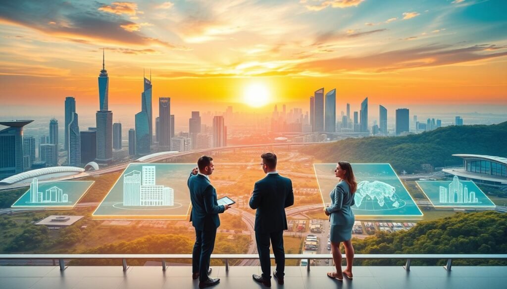 A futuristic depiction of the concept of physical asset tokenization in 2025, showcasing a modern city skyline with innovative architecture. In the foreground, a diverse group of professionals in business attire discuss over holographic displays visualizing real estate and land parcels represented as digital tokens. The middle ground features a panoramic view of lush green landscapes and urban developments symbolizing opportunities in real estate investment. The background shows a sunset sky with warm hues, casting a golden light over the scene, creating an optimistic and visionary atmosphere. Use a wide-angle perspective to convey depth, enhancing the sense of innovation in the air. Ensure a clear, focused composition without text or distractions.