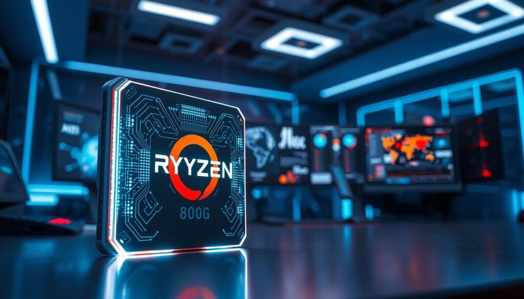 A futuristic desktop setting featuring a sleek AMD Ryzen 8000G processor prominently displayed in the foreground. The processor glows with integrated AI circuitry, showcasing intricate patterns of light that symbolize artificial intelligence processing. In the middle ground, a high-tech workstation is equipped with multiple monitors displaying AI-driven graphics and data analytics, hinting at the role of creators in this advanced environment. The background features a modern office space with ambient blue lighting and minimalistic design, creating a productive and innovative atmosphere. The scene is shot from a slightly elevated angle, emphasizing the processor and technology, with soft focus on the workstation elements. The mood is dynamic and inspiring, reflecting the cutting-edge capabilities of artificial intelligence in a desktop platform for creators.
