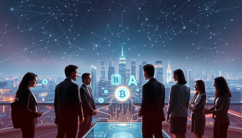 A futuristic digital landscape illustrating the integration of blockchain technology and artificial intelligence. In the foreground, a diverse group of professionals in business attire collaborates around a holographic interface displaying blockchain nodes and AI algorithms, symbolizing synergy and innovation. The middle ground features a transparent city skyline with interconnected digital networks, glowing circuits, and floating data streams representing connectivity. In the background, a night sky filled with stars and digital constellations adds depth, illuminated by subtle, futuristic lighting that conveys a sense of possibility. The mood is optimistic and forward-thinking, showcasing the transformative power of technology as it moves into the future. The scene is captured with a wide-angle lens, emphasizing the vastness of this new digital frontier.