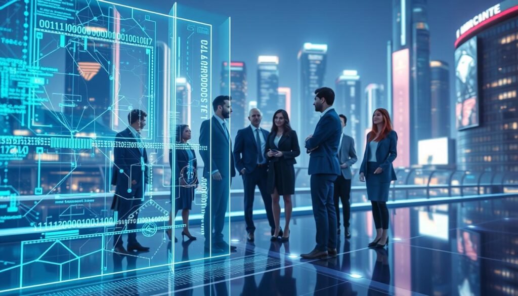 A futuristic digital landscape showcasing the concept of automatic smart contract execution. In the foreground, a transparent holographic interface displays intricate blockchain patterns and automated code lines, glowing in soft blues and greens. In the middle, a diverse group of professionals in smart business attire collaboratively interacts with the interface, expressing focus and innovation. The background features a sleek, modern cityscape with glowing buildings and digital billboards that hint at a technologically advanced world. The lighting is dynamic, casting reflections and creating an atmosphere of efficiency and progress. The overall mood is inspiring and optimistic, emphasizing the seamless integration of technology and finance.