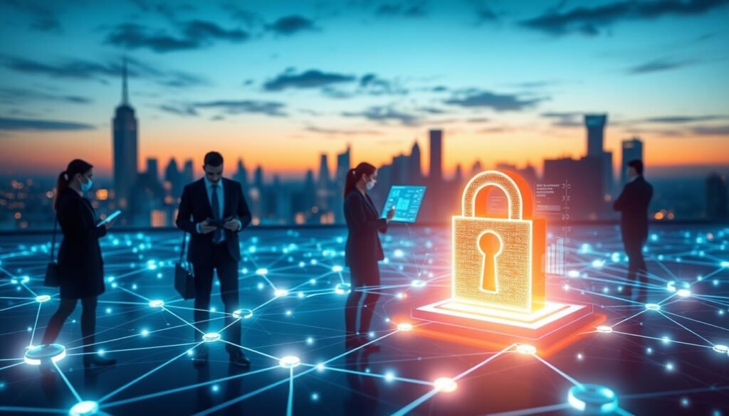 A futuristic digital landscape showcasing the concept of data security in voting via blockchain technology. In the foreground, a stylized blockchain network represented by glowing interconnected nodes and chains, symbolizing transparency and security. The middle ground features a diverse group of professionals in business attire, engaging with holographic interfaces displaying data visualization, reinforcing collaboration and trust. The background consists of a modern city skyline at dusk, illuminated by soft, ambient lighting to create a hopeful and secure atmosphere. Incorporate vibrant colors like deep blues and greens to signify technology and reliability. Capture the scene from a slightly elevated angle to provide depth, emphasizing the importance of secure voting systems in the 2025 elections.