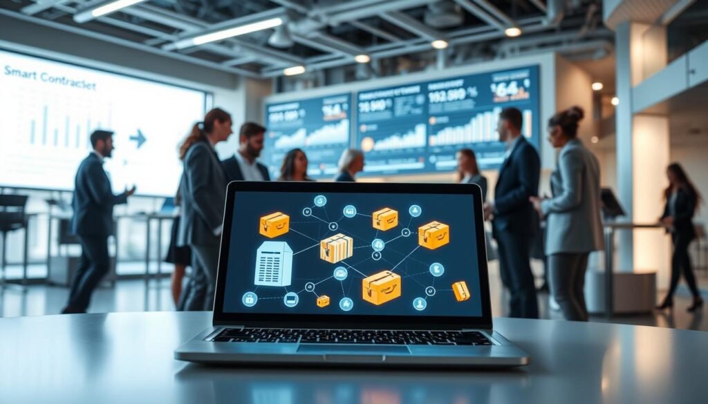 A futuristic e-commerce environment showcasing the implementation of smart contracts. In the foreground, a sleek laptop displays a digital interface representing blockchain contracts, illuminated with a soft blue glow. Surrounding the laptop, diverse professionals in business attire discuss strategies, highlighting collaboration and innovation. In the middle, a dynamic scene of online transactions occurring seamlessly, represented by animated digital parcels and data streams connecting various devices. The background features modern architecture of a tech-savvy office with large screens showing charts and graphs about smart contract performance. Soft, ambient lighting creates an optimistic and forward-thinking atmosphere, reflecting the potential of autonomous transactions without human intervention. Use a wide-angle lens perspective to capture the depth and activity of the environment.