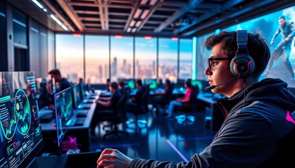 A futuristic esports training facility, featuring a diverse group of professional gamers engaged in strategic skill development. In the foreground, a focused gamer analyzes data on a large holographic screen, wearing a sleek headset, dressed in professional gaming attire. The middle ground showcases a high-tech gaming arena with multiple gaming stations and large monitors displaying gameplay, illuminated by dynamic RGB lighting. In the background, a panoramic view of a digital cityscape visible through floor-to-ceiling windows creates a vibrant atmosphere. The lighting is bright and optimistic, emphasizing innovation and teamwork. The overall mood is inspiring and forward-thinking, highlighting the importance of strategic development for sustainable careers in esports.