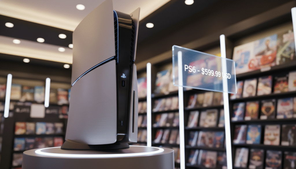 A futuristic gaming console design prominently displayed in the foreground, featuring sleek lines and a metallic finish, with LED lights subtly illuminating its contours, symbolizing the anticipated PS6. In the middle ground, a blurred representation of a retail environment, showcasing game shelves filled with vibrant game covers, hinting at a bustling gaming community. The background features a digital price tag floating next to the console, depicting a projected price for the PS6, while the lighting is warm and inviting, creating a sense of excitement and anticipation. The image is captured from a dynamic low angle, emphasizing the console's appeal. The atmosphere is modern and engaging, embodying the thrills of upcoming gaming technology in a professional yet enthusiastic tone.