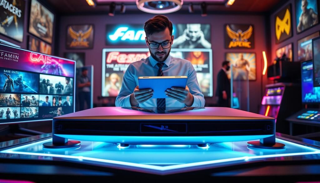 A futuristic gaming console, sleek and modern, takes center stage on a high-tech table, illuminated by soft blue and purple ambient lighting. Surrounding the console are holographic displays showcasing various game titles and trailers, projecting an aura of excitement and anticipation. In the middle ground, a professional in business attire analyzes a digital tablet with a focused expression, symbolizing developer insights about the PS6 release. The background features a vibrant gaming room with neon lighting and posters of iconic games, setting a dynamic and energetic atmosphere. The camera angle is slightly low, enhancing the grandeur of the console, while the overall composition conveys speculation and future possibilities in gaming.