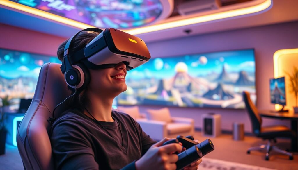 A futuristic gaming environment showcasing a person immersed in virtual reality. In the foreground, the gamer wears a sleek, lightweight VR headset, with a look of excitement and concentration on their face. They are seated in a dynamic gaming chair, holding ergonomic controllers. The middle layer features a vibrant digital landscape unfolding around them, filled with colorful, interactive elements and virtual objects that reflect a high-tech gaming world. The background displays a softly lit gaming room with ambient LED lighting, enhancing the immersive atmosphere. The scene captures a sense of engagement and adventure, with warm lighting creating a welcoming yet exhilarating vibe. The angle is slightly tilted to emphasize depth and the expansive virtual world surrounding the player.
