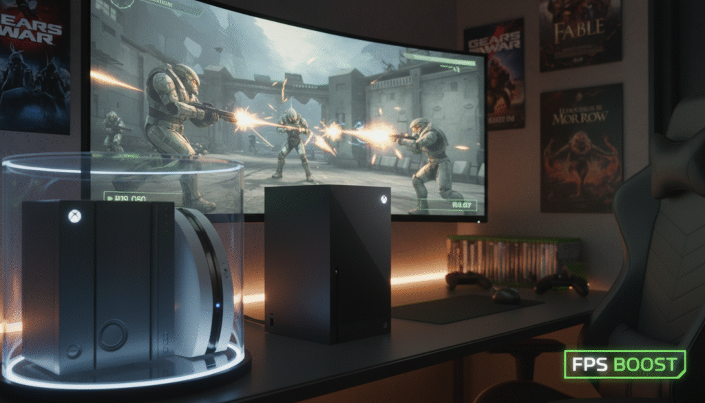 A futuristic gaming setup, highlighting backward compatibility through various generations of Xbox consoles. In the foreground, an Xbox Series X stands prominently, its sleek and modern design contrasted with an Xbox 360 and original Xbox in a semi-transparent display. The middle ground features a vibrant screen showcasing an action-packed scene from an old game, enhanced with smoother graphics and higher frames per second, signifying FPS Boost. The background is a cozy gaming room, softly illuminated with ambient lighting and posters of classic games. The atmosphere is focused and nostalgic, inviting viewers to reminisce about their gaming experiences. The angle is slightly tilted to emphasize the consoles’ evolution, with a shallow depth of field to keep the focus on the consoles and screen.