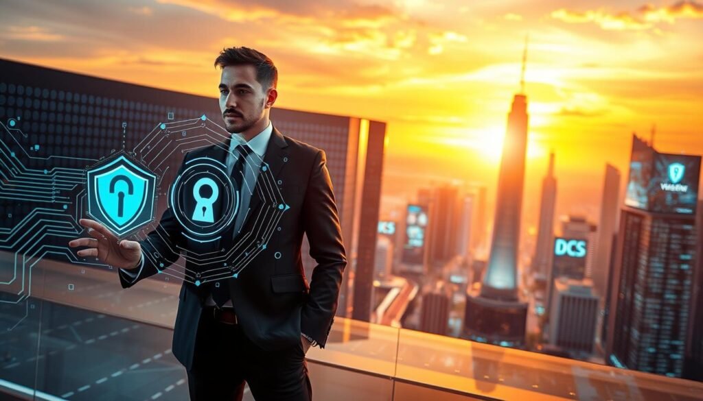 A futuristic, high-tech digital landscape illustrating "Advanced Protection Keamanan". In the foreground, a confident business professional in smart attire interacts with a holographic display showcasing advanced security measures, surrounded by intricate circuit patterns. The middle section features a sleek, modern cityscape with shimmering skyscrapers and digital billboards that reflect cybersecurity themes. The background includes a vibrant sunset sky, casting warm light across the scene, enhancing the advanced technology ambiance. Use a shallow depth of field to focus on the professional while softly blurring the cityscape. The atmosphere should convey innovation, safety, and advancement in technology. Opt for dynamic lighting that emphasizes the futuristic elements without harsh shadows.