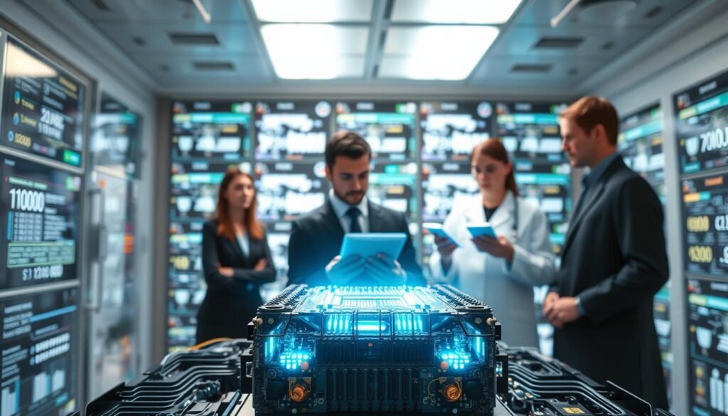 A futuristic laboratory setting featuring a quantum computer at the center, illustrating the "Quantum Algorithm Mechanism." In the foreground, a complex quantum processor with glowing qubits and intricate circuitry emits a soft blue light. The middle ground includes scientists in professional attire, intently analyzing data on holographic displays, their faces illuminated by the screens. The background shows a wall of digital screens displaying cryptographic algorithms and data patterns. Soft overhead lighting creates a focused atmosphere, while a slight lens flare emphasizes the cutting-edge technology. The overall mood is one of intense discovery and innovation within the realm of quantum computing.