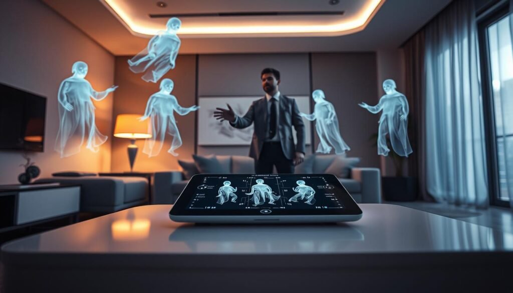 A futuristic living room illuminated by soft, ethereal lighting, showcasing advanced ghost-sensor technology on a sleek coffee table. In the foreground, a high-tech device resembling a tablet displays spectral imaging, revealing ghostly apparitions hovering in the air. In the middle ground, a person in professional attire stands in awe, reaching out towards the semi-transparent ghost figures, their features expressing a mix of curiosity and fear. The background reveals a cozy decor with modern furniture, subtly emphasizing the contrast between reality and the supernatural. The atmosphere is a blend of intrigue and suspense, capturing the essence of augmented reality's potential to manifest the unseen. Add a slight cinematic blur to enhance the focus on the interaction between the person and the ghostly figures, creating a sense of depth and engagement.