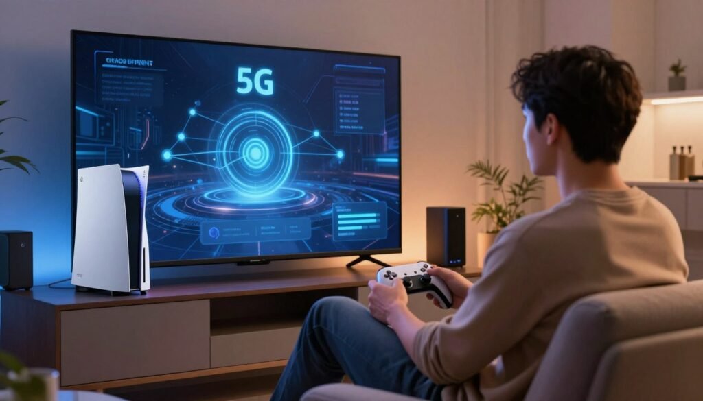 A futuristic living room setting, showcasing a sleek gaming console and an advanced cloud gaming interface on a large flat-screen TV. In the foreground, a gamer wearing casual yet professional clothing sits comfortably with a wireless controller, focused on the screen. The middle ground features digital graphics depicting a stable internet connection, with visual indicators of 5G signal strength and smooth frame rates. The background is filled with modern furniture and soft ambient lighting that creates a warm and inviting atmosphere. Subtle hints of technology, like LED lights and high-tech gadgets, enhance the room's futuristic vibe. Capture the essence of stability and performance in cloud gaming, conveying a sense of immersion and excitement.