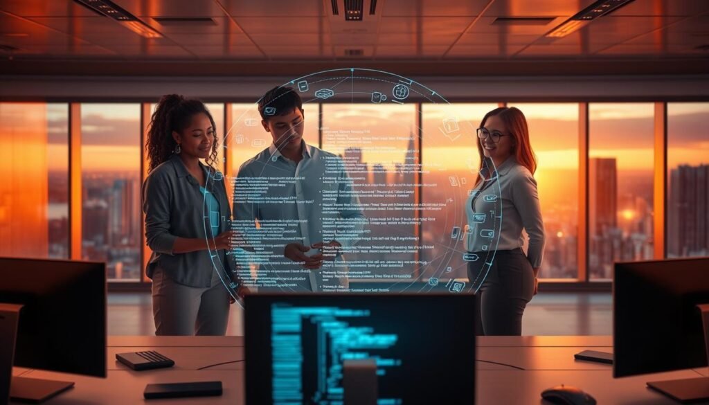A futuristic office environment illustrating "AI IntelliCode" technology. In the foreground, a diverse group of three professionals, a Black woman, an Asian man, and a Caucasian woman, are collaboratively engaged around a holographic interface displaying intricate code and AI algorithms, dressed in smart casual attire. The middle section features sleek computer desks with dual monitors showcasing IntelliCode suggestions, glowing softly in the warm light of the room. In the background, large windows reveal a cityscape bathed in a sunset glow, creating a vibrant atmosphere. Soft, diffused lighting enhances the modern and innovative feel of the space, evoking a sense of collaboration and ingenuity in programming with AI technology.