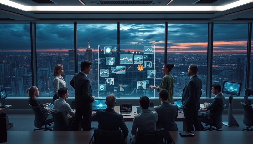 A futuristic office environment showcasing the challenges and risks of implementing digital technology, specifically NFTs. In the foreground, a diverse group of professionals in business attire, engaged in intense discussion around a holographic display of digital assets, depicting various NFT artworks. The middle ground features various digital devices and charts showing fluctuating trends, indicating volatility and risk. In the background, large windows reveal a cityscape under a moody twilight sky, symbolizing the unpredictable nature of the digital landscape. Soft, diffused lighting creates a focused atmosphere, highlighting the seriousness of the topic. The overall mood is one of caution and contemplation, emphasizing the balance between innovation and risk management.