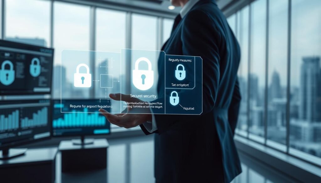 A futuristic office space with a glowing digital interface showcasing tokenization security regulations. In the foreground, a professional person in business attire points at a holographic chart illustrating security measures for tokenization. The middle ground features monitors displaying graphs and regulatory symbols like locks and shields. The background shows a sleek city skyline through large glass windows, symbolizing progress and innovation. Soft blue and green ambient lighting creates a calm yet focused atmosphere. The image should have a slight depth of field effect, emphasizing the subject while blurring the background subtly, conveying a sense of advanced technology and security in the world of asset tokenization.