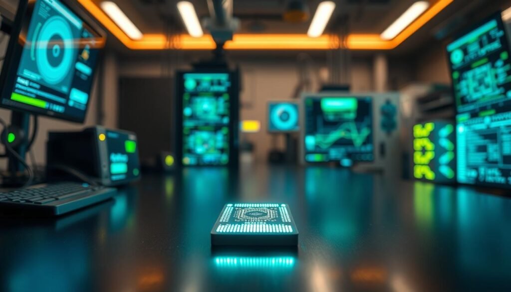A futuristic quantum error correction chip, designed in a sleek, compact form, sits prominently in the foreground on a high-tech workbench. The chip is adorned with intricate, glowing circuit patterns that represent quantum bits, illuminating the workspace with a soft blue and green light. In the middle ground, advanced quantum computing equipment is visible, showcasing interconnected components and wires, reflecting a vibrant digital atmosphere. The background features a blurred laboratory setting with screens displaying quantum algorithms and cryptographic data, emphasizing speed, security, and innovative applications. Bright, focused lighting highlights the chip and creates an engaging, dynamic visual. The mood is one of scientific exploration and technological advancement, inviting curiosity and awe.