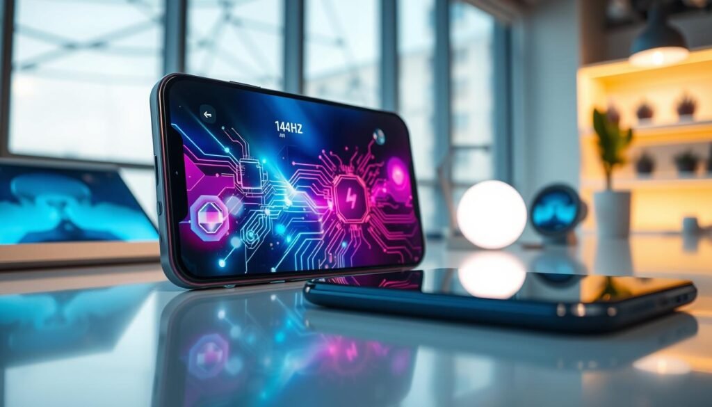 A futuristic smartphone displaying an AMOLED LTPO screen, showcasing vibrant graphics and smooth animations at 144Hz refresh rate. In the foreground, the phone glows softly with dynamic colors reflecting advanced technology. The middle ground features abstract representations of power efficiency, like glowing circuits and energy-efficient microchips. The background includes a blurred modern workspace with sleek devices and a calming atmosphere, illuminated by natural light. The scene conveys innovation and sophistication, with a focus on visually striking elements that symbolize energy-saving technology. The mood is sleek, professional, and inspiring, emphasizing the importance of cutting-edge efficiency in technology. The angles are close-up, enhancing detail on the screen and surrounding tech elements.
