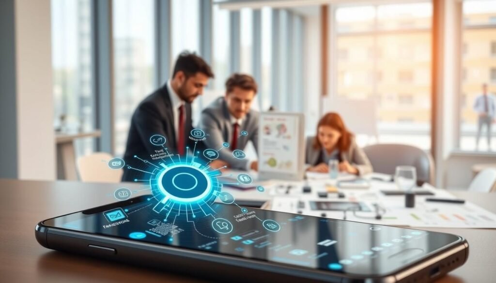 A futuristic smartphone interface showcasing the practical benefits of the Linux kernel in Android devices. In the foreground, a sleek smartphone displays dynamic, user-friendly features such as multitasking, security options, and app performance enhancements, all driven by a visual representation of the Linux kernel as a glowing, interconnected network. In the middle, a team of diverse professionals, dressed in smart business attire, engage in a brainstorming session around a table cluttered with technical diagrams and charts highlighting kernel advantages. The background features a modern office setting with large windows letting in natural light, creating a bright and innovative atmosphere. The image should convey a sense of collaboration, forward-thinking, and technical sophistication, emphasizing the importance of the Linux kernel in mobile technology.