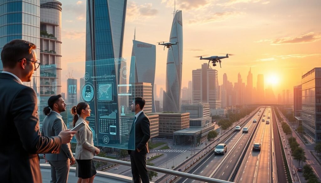 A futuristic urban landscape showcasing smart cities and Internet of Things (IoT) technology. In the foreground, diverse professionals in business attire interact with holographic screens displaying data about city infrastructure and smart devices. The middle ground features sleek skyscrapers integrated with green technology, solar panels, and vertical gardens. Drones and autonomous vehicles maneuver smoothly along smart roadways. The background includes a vibrant sunset illuminating the skyline with warm hues, creating a sense of innovation and progress. Soft, ambient lighting enhances the futuristic atmosphere, while a wide-angle perspective captures the bustling activities of a technologically advanced city. Emphasize a sense of connectivity, sustainability, and a harmonious blend of nature and technology.