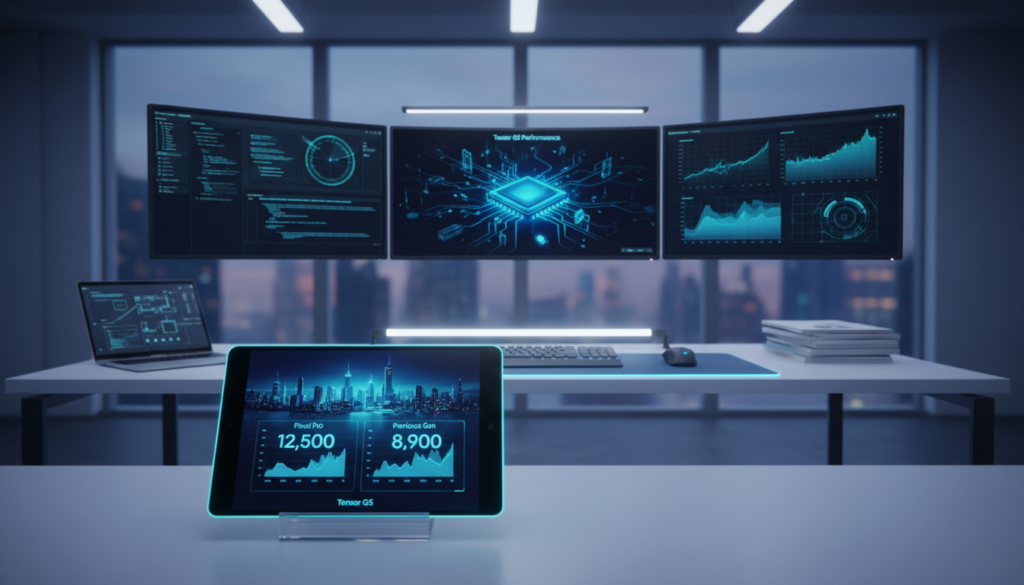 A futuristic workspace showcasing a "Pixel Pro" device at the forefront, displaying intricate graphics and benchmark comparisons. The foreground features a sleek, modern design of the device, illuminated by soft, ambient lighting that highlights its advanced features. In the middle ground, a collection of high-tech monitors showcases real-time performance data and visualizations, alluding to the Tensor G5's capabilities. The background includes a well-organized desk with professional business elements, such as a laptop and technical documents, set against a softly lit office environment. The atmosphere conveys a sense of innovation, focus, and high-performance technology, with a cool color palette emphasizing precision and modernity.