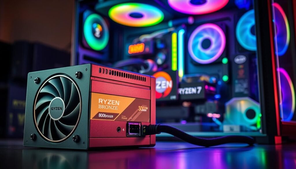 A high-quality image of a gaming power supply unit (PSU) with a 500W rating, labeled 80+ Bronze certification. In the foreground, showcase the PSU with sleek, modern design features, emphasizing its cooling fan and power connectors. The middle ground should include a lit-up gaming setup featuring an RTX 4060 graphics card and a Ryzen 7 processor, surrounded by colorful RGB lighting to create a vibrant atmosphere. In the background, include a subtle hint of a computer case with a clear side panel, showcasing an organized interior. Use dramatic lighting to highlight the PSU and components, with a slightly blurred background to draw focus on the main subject. Capture a professional yet exciting mood suitable for gaming enthusiasts.