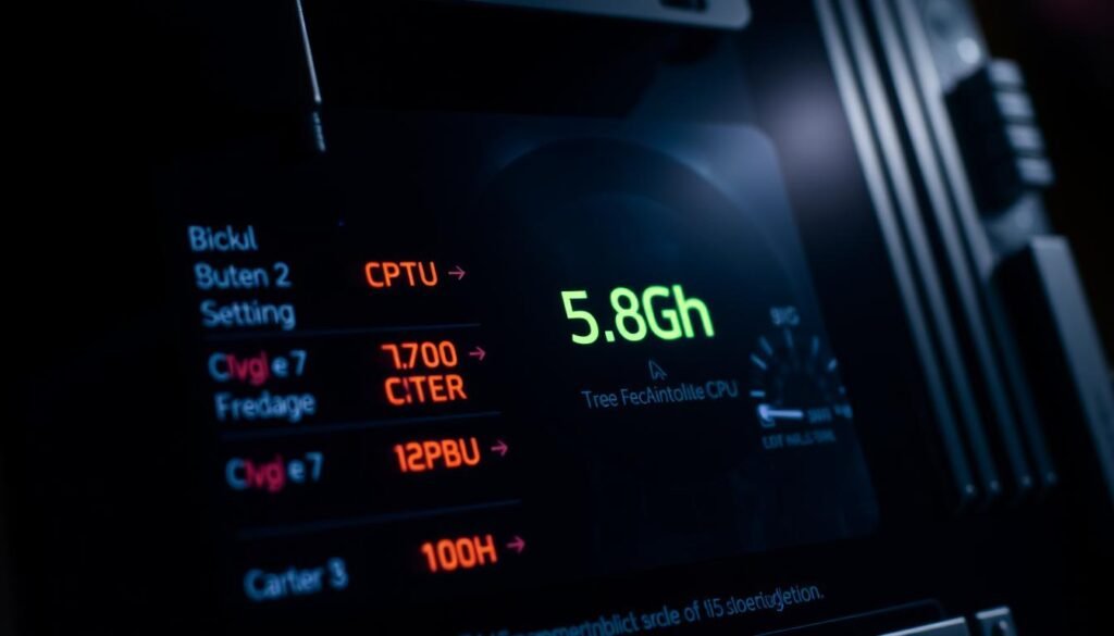 A high-resolution close-up view of a BIOS motherboard settings screen, showcasing the overclocking features for an Intel i5-13600KF. The foreground displays clearly defined menu options related to CPU settings, with vibrant, glowing highlights around critical parameters like CPU frequency and voltage. The middle features a cursor actively selecting the 5.8GHz setting, while a digital thermometer gauges temperature, adding a sense of urgency. In the background, a dark, sleek motherboard design complements the technical atmosphere, with shadowed circuitry for depth. Soft, focused LED lighting illuminates the screen, creating a high-tech, intense mood. The angle is slightly tilted to emphasize the interactive elements on screen, making it feel dynamic and engaging.
