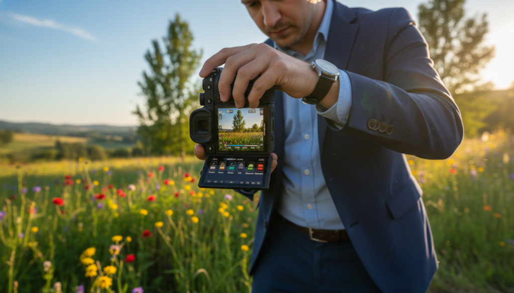 A high-resolution image showcasing a professional photographer adjusting the white balance on a modern camera. In the foreground, the photographer, wearing smart casual attire, is focused on the camera’s display screen, with a digital representation of various white balance settings visible. In the middle, there’s a vibrant scene featuring a colorful landscape with flowers, greenery, and clear blue skies, illustrating correct color accuracy. The background features soft, blurred hills to emphasize depth, with warm, natural sunlight illuminating the scene, creating a warm and inviting atmosphere. The overall mood is one of precision, creativity, and technical mastery in photography. A high-resolution image showcasing a professional photographer adjusting the white balance on a modern camera. In the foreground, the photographer, wearing smart casual attire, is focused on the camera’s display screen, with a digital representation of various white balance settings visible. In the middle, there’s a vibrant scene featuring a colorful landscape with flowers, greenery, and clear blue skies, illustrating correct color accuracy. The background features soft, blurred hills to emphasize depth, with warm, natural sunlight illuminating the scene, creating a warm and inviting atmosphere. The overall mood is one of precision, creativity, and technical mastery in photography.