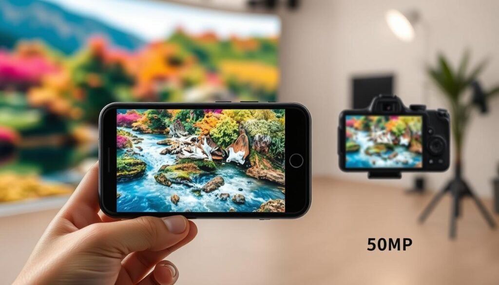 A high-resolution, split-screen image illustrating the advantages and disadvantages of high-resolution cameras. In the foreground, on the left, showcase a vibrant scene of a beautiful landscape captured in stunning detail with a 200MP camera, highlighting intricate textures in foliage and water. In the middle, depict a close-up of a smartphone's screen displaying a zoomed-in view of the same scene to emphasize clarity and detail. On the right, contrast this with a captured image from a 50MP camera, showcasing a blur or loss of detail when cropped at 400%. The background should feature a lightly blurred photography studio setting, with soft natural light illuminating the images. The overall mood should evoke a sense of curiosity and examination, perfect for visual comparison.