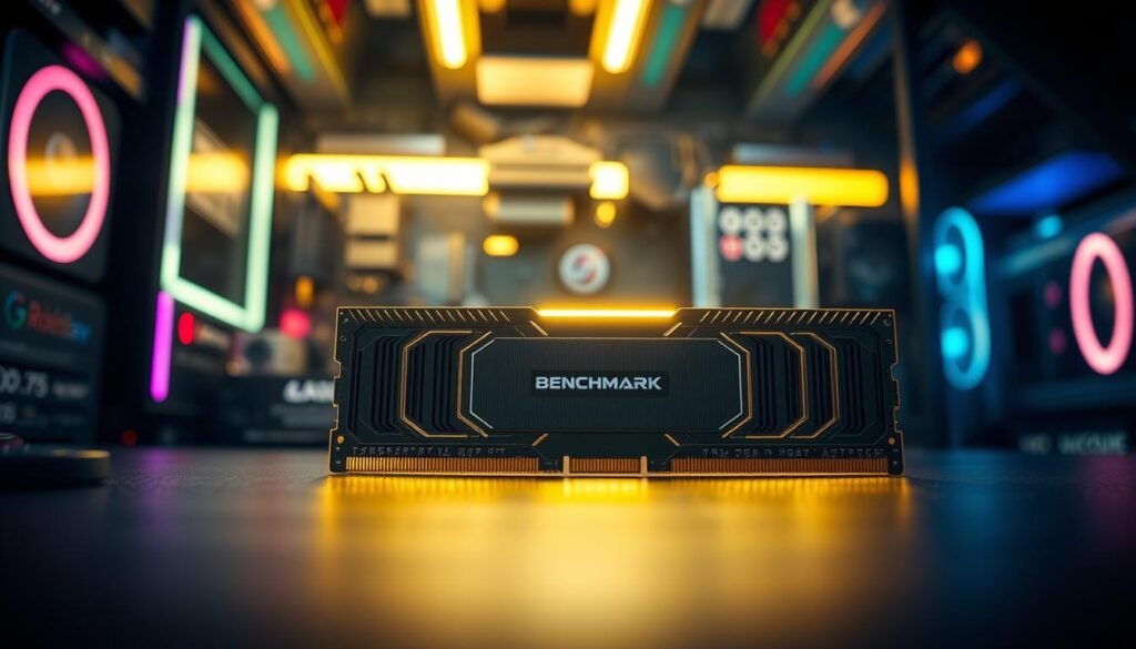 A high-tech, detailed illustration of the Benchmark performance RAM module in an elegant setup, prominently displayed in the foreground. The RAM sticks exhibit a sleek design with illuminated edges, showcasing their advanced technology. In the middle ground, a sophisticated motherboard is shown with DDR4 slots, clearly indicating the compatibility challenge with the DDR5 RAM. The background features a dimly lit gaming environment, enhanced by RGB lighting that creates a futuristic, high-performance atmosphere. Use a shallow depth of field for a professional look, capturing the intricate circuitry clearly. The overall mood should evoke excitement and curiosity about cutting-edge technology, emphasizing the performance and user experience of RAM upgrades.