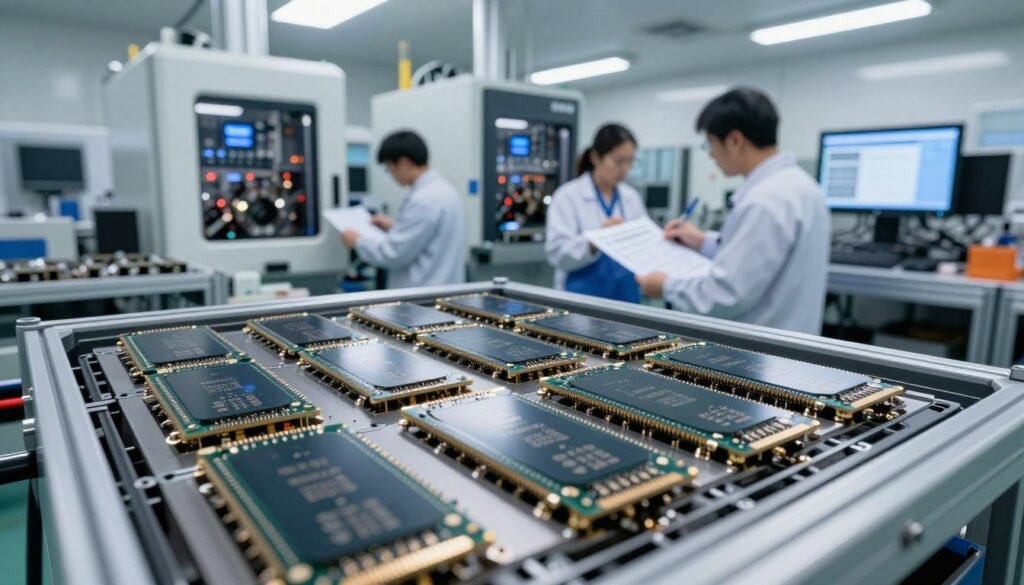 A high-tech fabrication environment showcasing advanced storage technology production. In the foreground, intricately designed computer chips and SSDs glistening under bright LEDs, highlighting their sleek surfaces and detailed components. In the middle ground, engineers in professional attire, focused and collaborating, examining blueprints and machinery with sophisticated tools. The background features large, modern fabrication machines, equipped with monitors displaying data, surrounded by cleanroom essentials. The lighting is cool and clinical, emphasizing a sterile and innovative atmosphere. A sense of precision and efficiency fills the image, illustrating the cutting-edge nature of storage technology fabrication. Use an angled perspective to capture depth and detail, creating a dynamic view that reflects a bustling technology hub.
