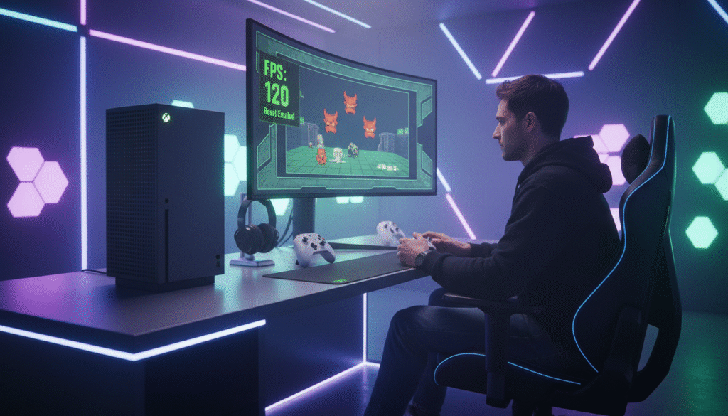 A high-tech gaming environment featuring an Xbox Series X console prominently in the foreground, showcasing its sleek design and glowing green accents. In the middle ground, a user intently focused on the screen, seated comfortably in a modern gaming chair, wearing casual yet tidy clothing. The background is filled with dynamic lighting that emphasizes the vibrant colors of the gaming setup, with LED strips illuminating the room. Various gaming accessories, like controllers and headsets, are tastefully arranged to add depth. A soft glow emanating from the television screen displays a classic game interface enhanced by FPS boost features, creating an immersive atmosphere. The overall mood is dynamic and energetic, highlighting the excitement of gaming improvements.