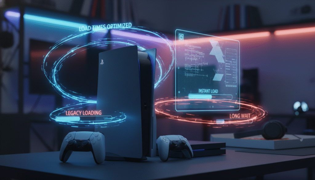 A high-tech graphic depicting the concept of "load times" in gaming, showcasing a sleek, modern gaming console (PS5) alongside an older model (PS4) in the foreground. Both consoles should be illustrated with their respective controllers. The PS5, highlighted with a glowing blue light, represents faster loading, while the PS4 is shadowed to indicate slower performance. In the middle ground, visual feedback such as swirling, dynamic data streams and loading bars flows between the consoles to emphasize the speed difference. The background features a blurred gaming room atmosphere with colorful LED lights to create an energetic vibe. The overall lighting is bright and futuristic, focusing on the consoles, to evoke excitement in the gaming experience.
