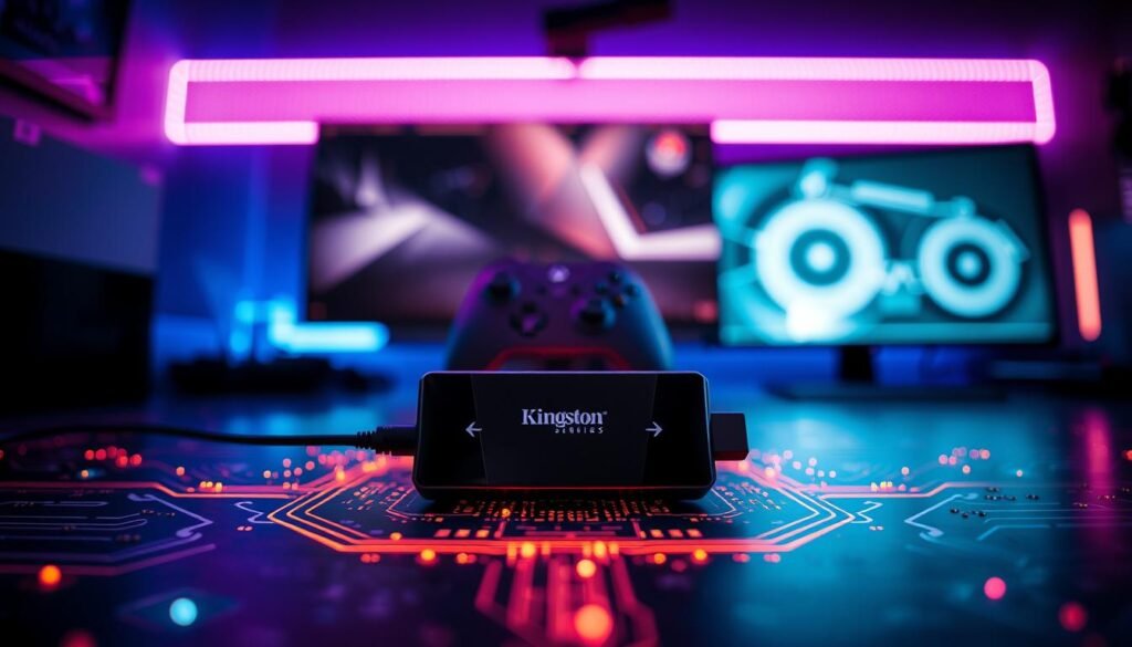 A high-tech scene showcasing a Kingston Plug and Play device prominently in the foreground, surrounded by subtle, glowing circuitry elements that suggest advanced technology. In the middle, an Xbox Series S is seen connected to the Kingston device, with a glowing light indicating activity. The background features a sleek gaming setup, with a modern gaming monitor and ambient LED lighting that casts a futuristic glow. The overall mood is exciting and tech-savvy, emphasizing innovation in gaming performance. Use a soft focus lens effect to create depth, allowing the Kingston device to stand out sharply against the slightly blurred background. The lighting should be cool with blue and purple hues, enhancing the high-tech atmosphere.