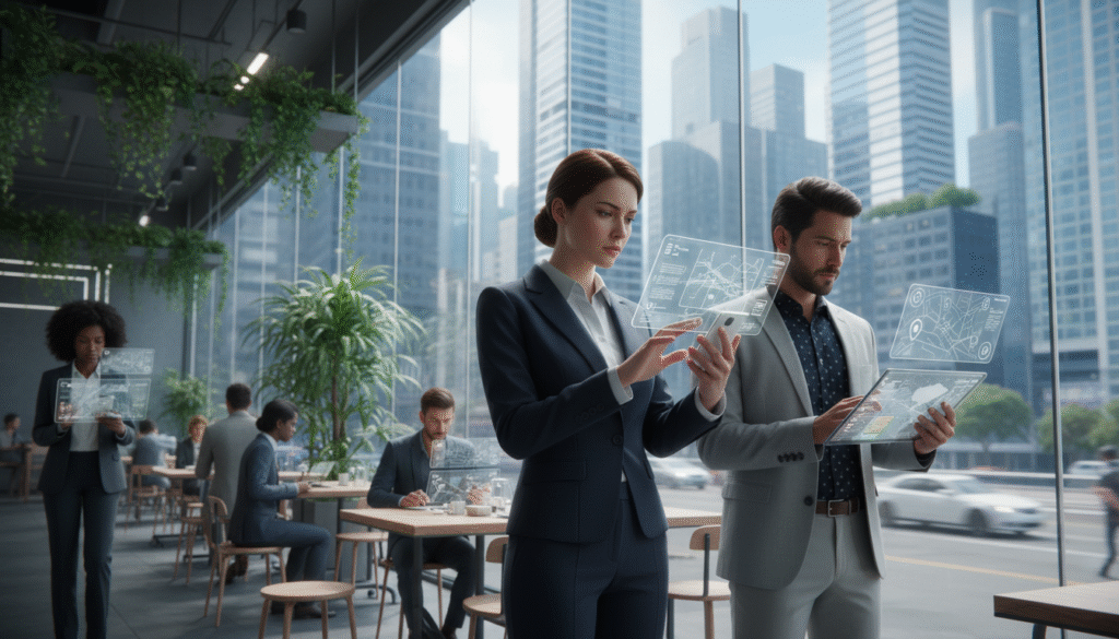 A high-tech urban environment depicting a diverse group of professional individuals using various devices to spoof their GPS location. In the foreground, a woman in a smart business outfit is interacting with her smartphone, with a focused expression as she navigates anti-tracking settings. Beside her, a man in casual business attire is manipulating a tablet, showcasing a GPS spoofing app. In the middle ground, there is a sleek, modern cafe with large windows filled with greenery, suggesting a tech-savvy atmosphere. The background features a bustling cityscape with skyscrapers and blurred motion, representing the fast-paced world of digital tracking. The lighting is bright and modern, creating an optimistic and innovative mood, evoking a sense of freedom from surveillance.