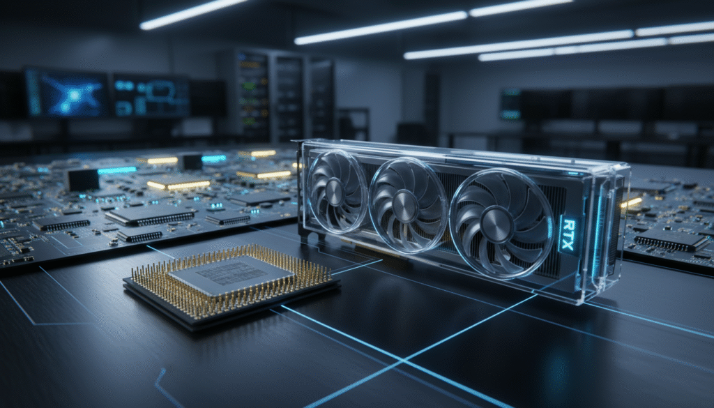 A highly detailed and realistic illustration of a modern CPU and GPU setup, focusing on their intricate designs and architecture. In the foreground, showcase a CPU with gold-plated pins, and a sleek GPU with prominent cooling fans and illuminated circuitry, both positioned on a dark, textured background. In the middle, incorporate glowing circuit boards and chips, emphasizing the advanced technology behind chipset performance. The background features a blurred laboratory setting with softly glowing LED lights, creating a high-tech atmosphere. Use dramatic, focused lighting to enhance the textures and details of the components, depicting a sense of innovation and sophistication. The angle should be slightly tilted for a dynamic perspective, evoking a sense of motion and progress in the tech industry.