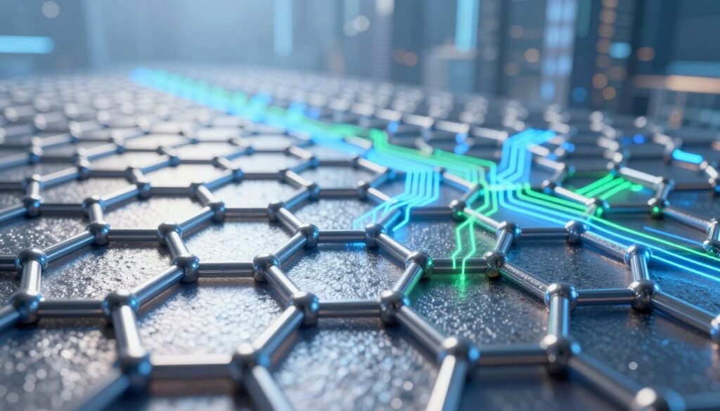 A highly detailed and visually striking illustration of graphene's unique structure showcasing its high conductivity. In the foreground, depict a magnified view of the graphene lattice with its hexagonal pattern, shimmering under bright light, evoking a sense of energy and innovation. In the middle ground, visualize conductive pathways highlighted with glowing blue and green circuits flowing through the graphene, symbolizing its electrical properties. In the background, incorporate a soft-focus cityscape, representing future technologies powered by graphene, bathed in a futuristic blue and silver color palette. Use dramatic lighting to create a sense of depth and sophistication, and a slight tilt-down angle to emphasize the texture and intricacy of the graphene material. The overall atmosphere should convey cutting-edge science and the potential of advanced materials.
