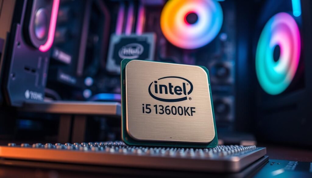 A highly detailed close-up of an Intel i5-13600KF 13th generation CPU, showcasing its sleek design and intricate circuitry. The processor is placed prominently in the foreground, with its metallic finish and engraved branding illuminated by soft, dramatic lighting that highlights its features. The middle ground features a high-tech motherboard partially visible, emphasizing the connection between the CPU and its components. In the background, a blurred computer case with RGB lighting adds a vibrant atmosphere, evoking the essence of a high-performance gaming setup. The image captures a sense of advanced technology and precision engineering, conveying the excitement of overclocking. Use a macro lens perspective to accentuate details, and adopt a cool color palette to enhance the modern tech vibe.