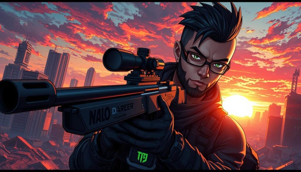 A highly detailed, dynamic illustration of the strongest sniper character in a futuristic, dystopian setting. In the foreground, the character, a skilled marksman with sharp features and keen eyes, is poised with a high-tech sniper rifle, wearing sleek tactical gear in dark tones accented with neon highlights. The middle layer showcases an urban battlefield, with ruined skyscrapers and scattered debris, giving a sense of tension and urgency. The background features a dramatic sunset casting vibrant colors across the sky, enhancing the mood of anticipation. The scene is lit with a mix of soft ambient light and sharp highlights to create depth. The perspective is slightly low angle, emphasizing the character’s dominance in this vibrant, intense atmosphere.