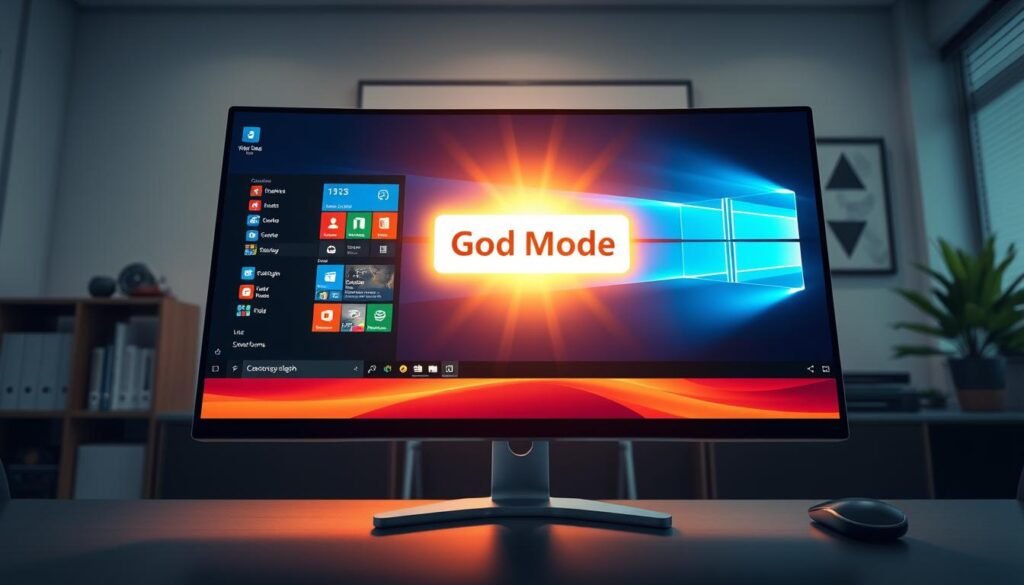 A highly detailed illustration of a computer screen displaying a "God Mode" feature in a visually striking Windows interface. The foreground shows a sleek, modern PC setup with a high-resolution monitor featuring vibrant icons and a glowing "God Mode" button prominently in the center. In the middle layer, light emanates from the screen, casting a soft, luminous glow that highlights the user-friendly layout of the application. The background includes a stylish, minimalistic office environment, with a subtle out-of-focus bookshelf and a potted plant, creating a professional atmosphere. Soft lighting enhances the techy yet approachable feel of the scene, while the angle captures the screen at eye level, ensuring the viewer feels directly engaged with the "God Mode" feature. The mood is uplifting and empowering, inviting exploration of innovative technology.