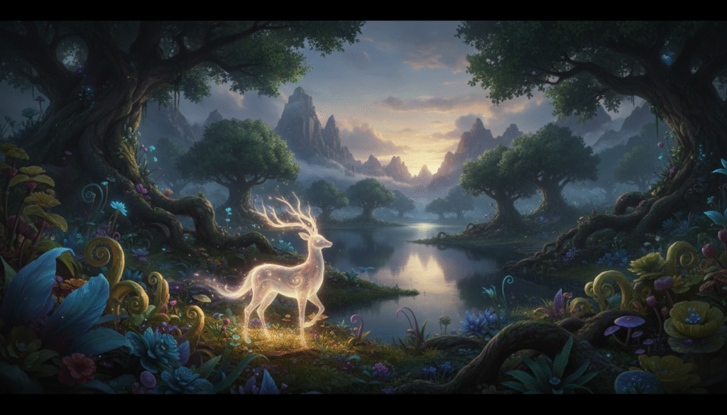 A lush, vibrant fantasy landscape reflecting the enchanting world of "Everwild," with lush greenery and whimsical flora. In the foreground, a gentle, ethereal creature, resembling a fusion of a deer and a spirit, stands gracefully among a variety of colorful plants, its soft glow illuminating the scene. The middle ground features a tranquil, shimmering lake surrounded by ancient trees with immense, twisting roots. In the background, mystical mountains rise under a soft, golden twilight sky, casting a warm, magical glow over the entire scene. The lighting is soft and diffused, suggesting an early evening ambiance, enhancing the serene and mysterious atmosphere of this untouched natural world. The perspective captures the vastness of the environment, inviting the viewer to immerse themselves in the beauty of this rare IP.