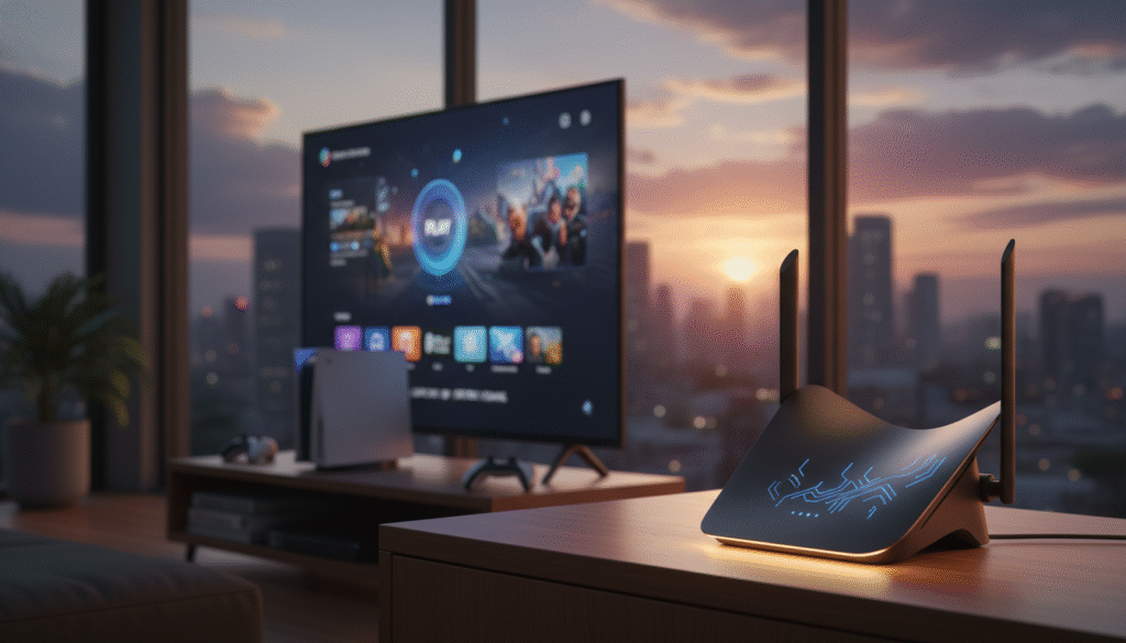 A modern 5GHz router, sleek in design, prominently featured in the foreground, with indicator lights glowing softly to showcase connectivity status. The middle ground displays a vibrant scene of a home setting, including a gaming console and a large flat-screen TV, subtly highlighting its compatibility with cloud gaming. In the background, a blurred view of a city skyline at twilight can be seen through a window, suggesting urban connectivity. The lighting is warm and inviting, with a slight glow emanating from the router, which emphasizes the technology’s efficiency and reliability. The atmosphere conveys innovation and modernity, making it clear that this router is perfect for optimal gaming experiences with low latency. A modern 5GHz router, sleek in design, prominently featured in the foreground, with indicator lights glowing softly to showcase connectivity status. The middle ground displays a vibrant scene of a home setting, including a gaming console and a large flat-screen TV, subtly highlighting its compatibility with cloud gaming. In the background, a blurred view of a city skyline at twilight can be seen through a window, suggesting urban connectivity. The lighting is warm and inviting, with a slight glow emanating from the router, which emphasizes the technology’s efficiency and reliability. The atmosphere conveys innovation and modernity, making it clear that this router is perfect for optimal gaming experiences with low latency.