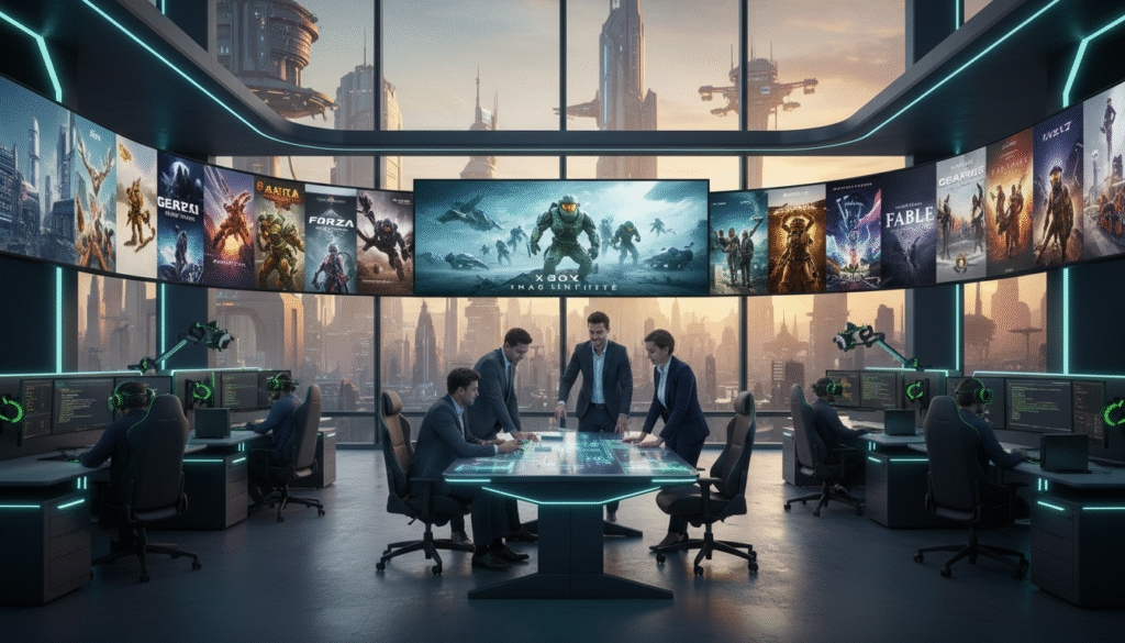 A modern and sleek office environment representing Xbox Game Studios, filled with high-tech gaming equipment and vibrant game artwork. In the foreground, a group of diverse professionals in smart business attire are engaged in a brainstorming session. They are surrounded by large screens displaying iconic Xbox game titles, with a focus on "Halo" prominently featured. In the middle ground, stylish workstations are equipped with gaming consoles and VR headsets. In the background, large glass windows reveal a futuristic cityscape with warm, golden lighting suggesting a sunset. The atmosphere is collaborative and innovative, reflecting excitement about gaming's future, with a dynamic perspective and slight depth of field to emphasize the foreground.